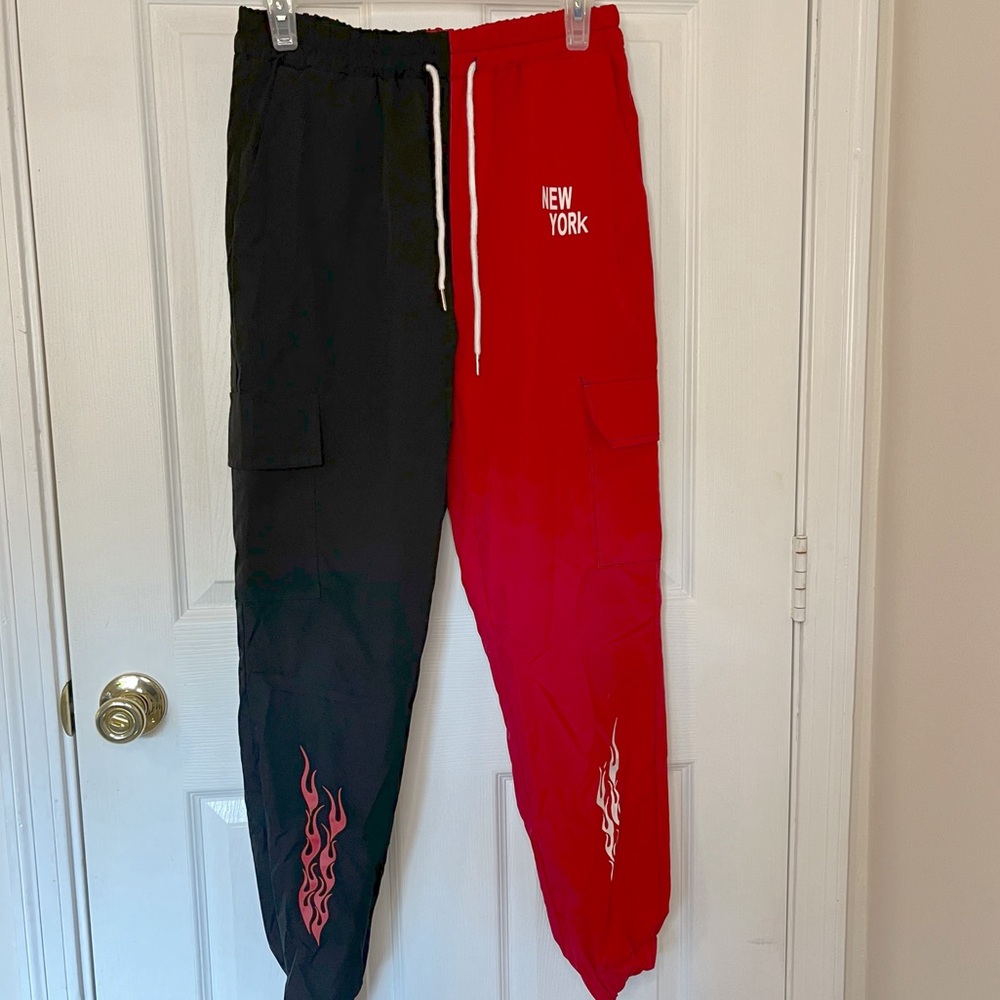 Romwe Mens Two Tone Joggers New York Flame Size Small Red Black